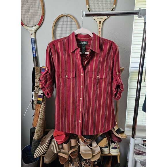 Lauren Ralph Lauren Burgundy Stripe Button Down 3/4 Sleeve Roll Autumnal - Picture 1 of 8